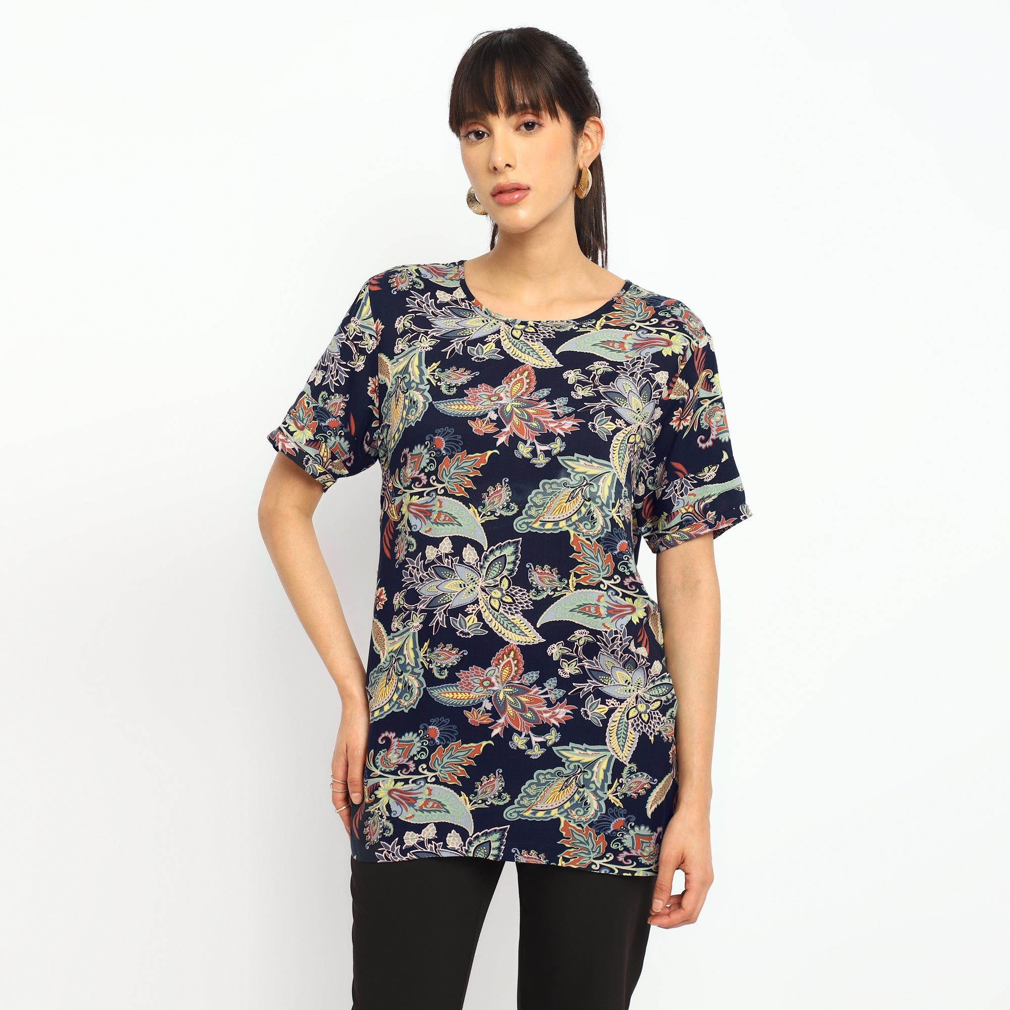 Blue Floral Printed Tunic Top